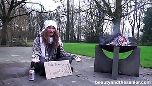 Unhoused knights of the road Girl Begging for Old Cock